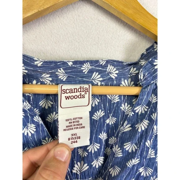 Breathable Button Front Blouse Womens 3XL Blue Floral 100% Cotton Pintuck Top - Picture 3 of 9